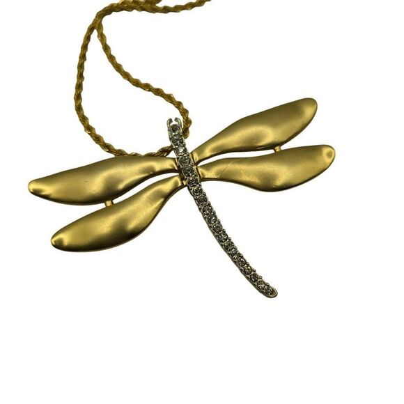 Kenneth Lane Large Dragonfly Dragon Fly Necklace Gold Satin Rope Chain 30" - Picture 2 of 4